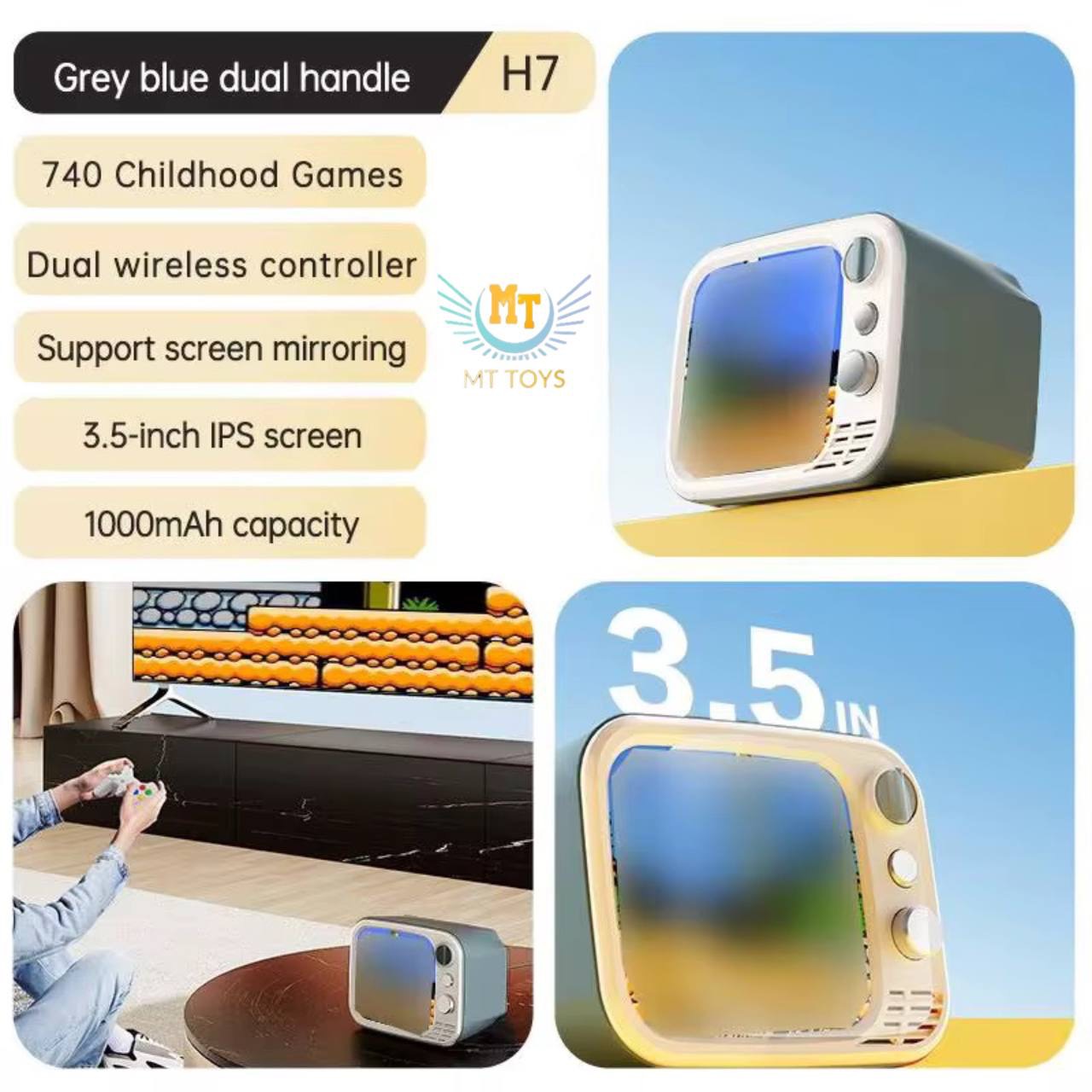 کنسول بازی تلوزیونی 2 دسته آیتم:H7 740 بازی 2 رنگ 2 دسته بی سیم مانند ps5 صفحه نمایش رنگی کابل شارژ کابل اتصال به تلوزیون صفحه نمایش 3/5 اینچ قابلیت تنظیم صدا دسته بندی بازی ها به 6 دسته مختلف