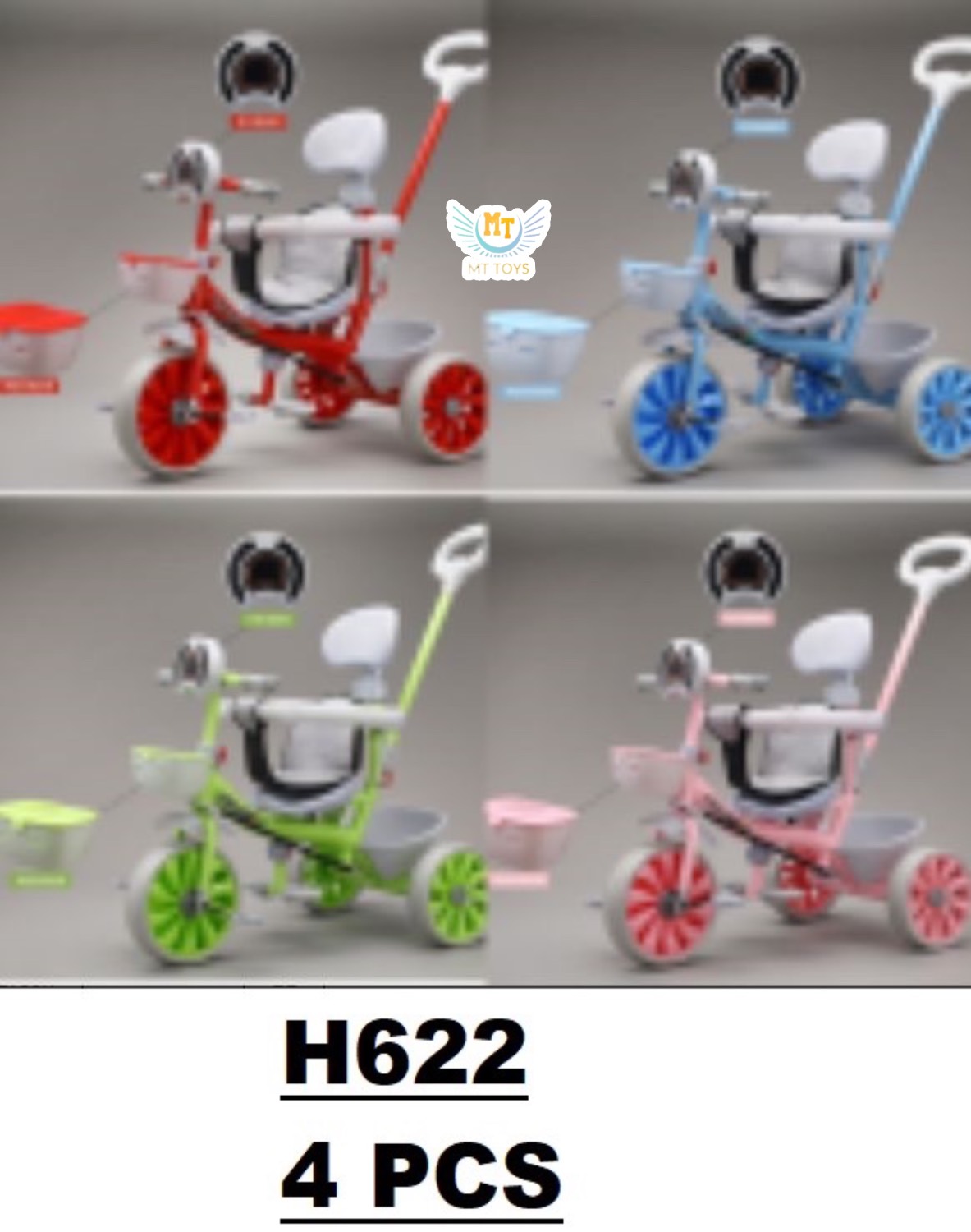 3 چرخه پدال دار و دسته و خارجی  آیتم:H622  چراغ  موزیک  چرخش فرمان با دستی پشت  دارای محافظ کودک  دارای جا پایی برای کودک  سبد جلو و عقب برای وسایل  بدنه کاملا فلزی